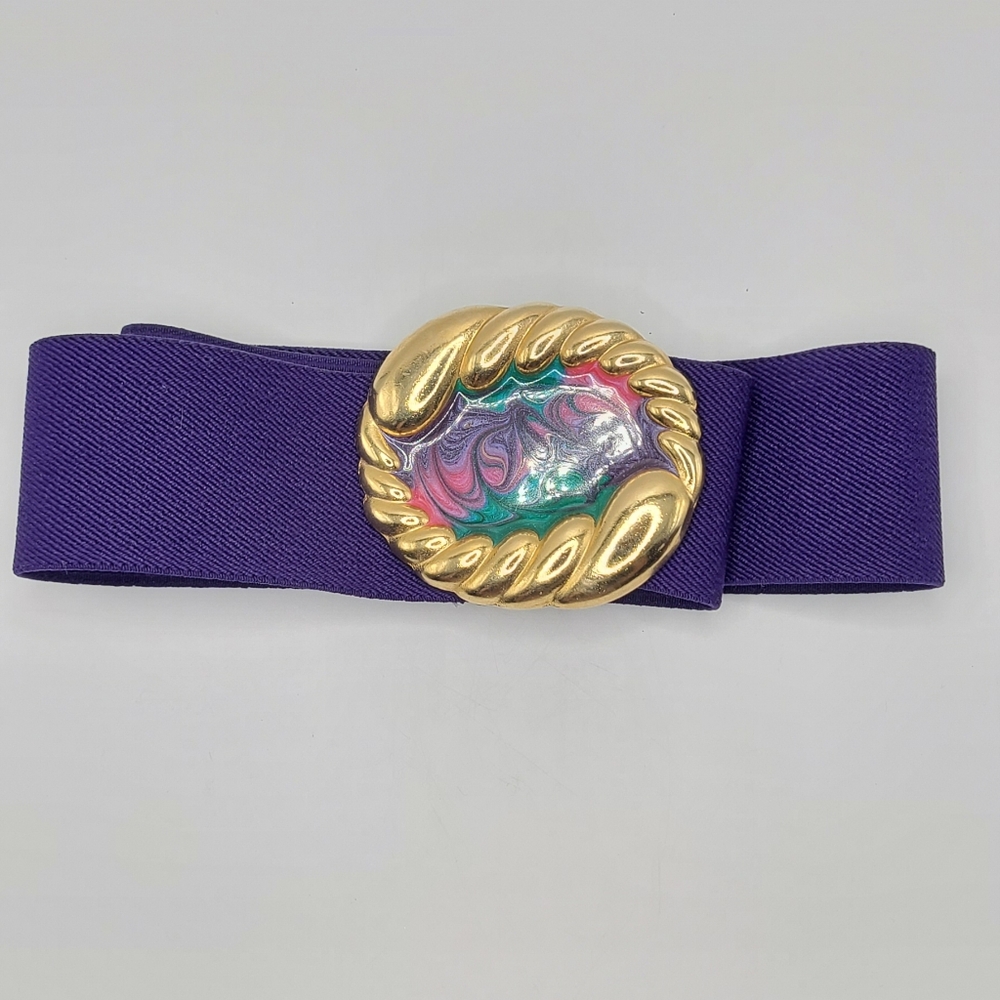 Nan Lewis Stretch Waist Belt Enamel Purple Gold Tone 80s  Vintage